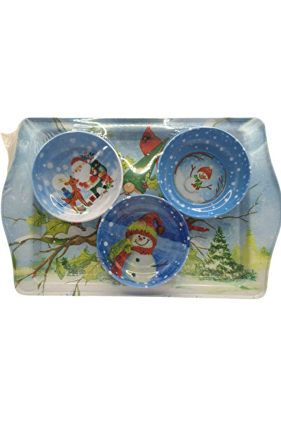 Goshıkı Winter Themed Christmas Patterned Metal Snack Bowl and Tray Set