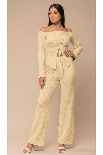 Moda Banuş Degaje, Madonna Collar Front Gathered Long Sleeve Yellow Wrap-Around Top and Bottom Set