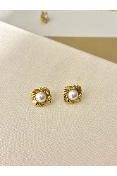 YOUES JEWELRY أقراط نسائية من الفولاذ المينيماليستي مع اللؤلؤ الذهبي