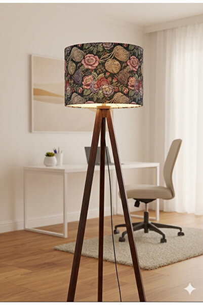 Otay Ev Dekorasyon Çiçek ve İplik Desenli Masif Çam Ayaklı Tripod Lambader
