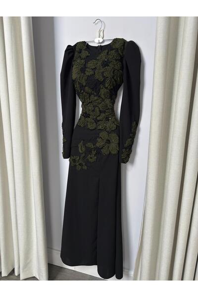 Dkan فستان اسود راقي مع ورد زيتي