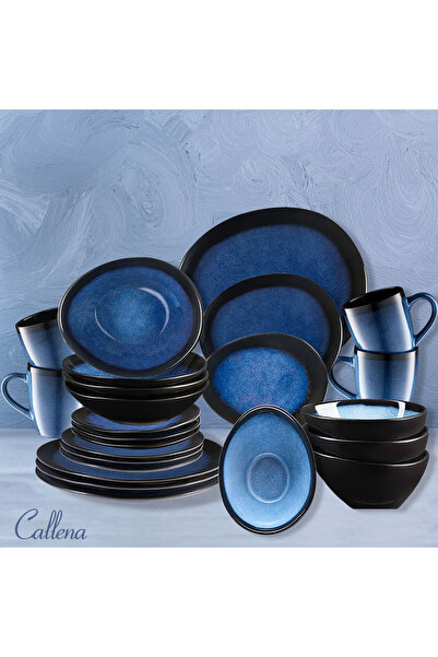 Callena 24-piece dinner service, double glazed ceramic, deformed, blue with black edges, Deep Glaze