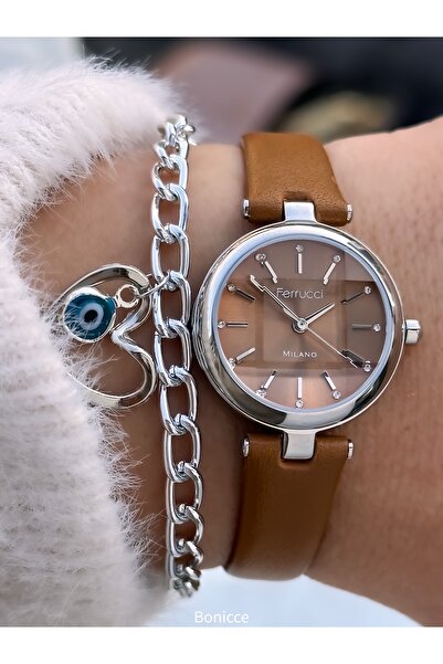 Ferrucci ساعة يد نسائية صغيرة، حزام جلدي بني اللون، ساعة يد نسائية + سوار