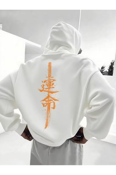 CLASSY.MODA Unisex ΛΕΥΚΟ oversized Φούτερ με κουκούλα με μοτίβο ιαπωνικού σπα...