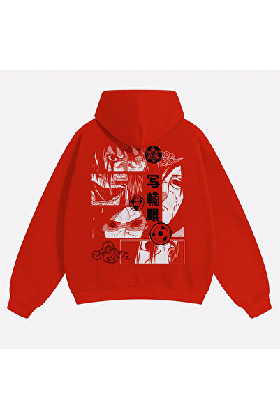 CLASSY.MODA سويت شيرت للجنسين قصة فضفاضة بغطاء رأس باللون الأحمر برسومات مطبو...