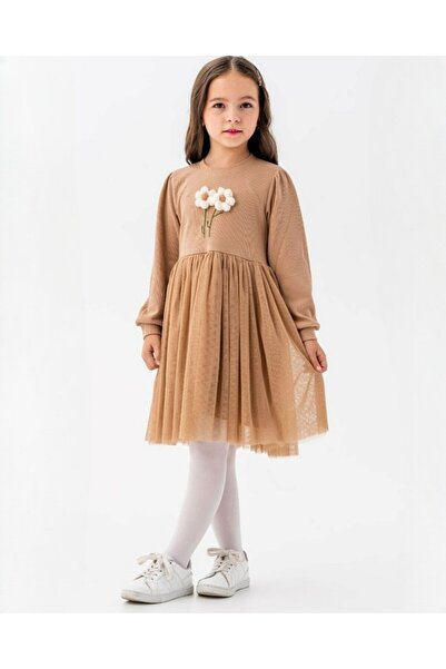 Ege Bebek فستان بناتي مطرز بالبابونج من عمر 3-4-5-6-7 من التول موسمي