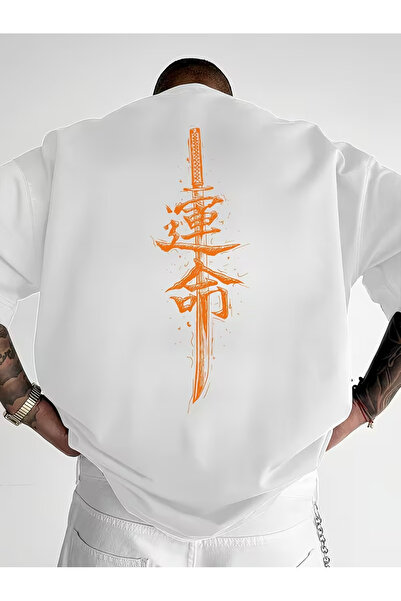 CLASSY.MODA تي شيرت للجنسين قصة فضفاضة ريت مطبوع بتصميم سيف ياباني كاتانا برقبة دائرية