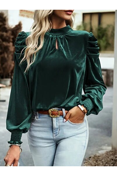 JANES Women's Long Sleeve Turtleneck Drop Detail Velvet Blouse