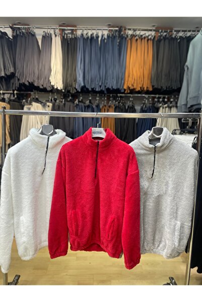 AVELİNO Peluş Sweatshirt Oversize Kalıp Unisex Model Yarım Fermuarlı