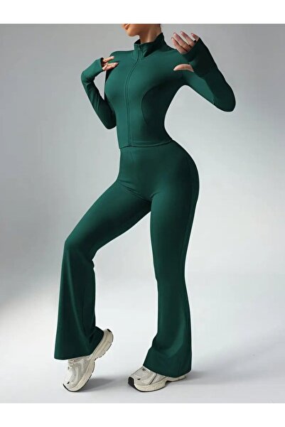 JANES طقم نسائي مكون من بلوزة قصيرة بأكمام طويلة وسحاب أمامي وبنطلون