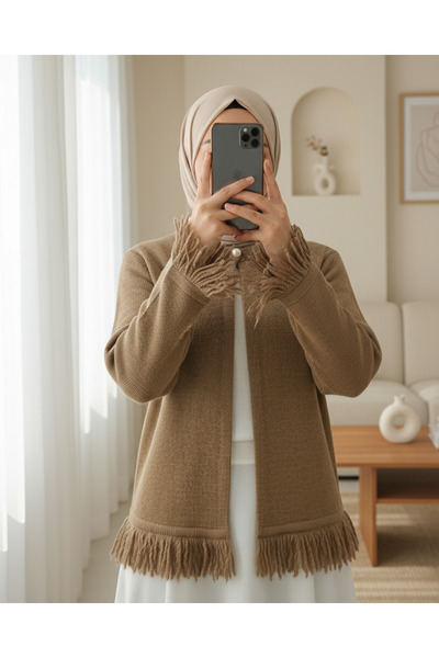Modamorfo Single Button Fringed Soft Knitwear Cardigan - Mink