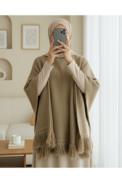 Modamorfo Tassel Detailed Knitwear Poncho - Mink