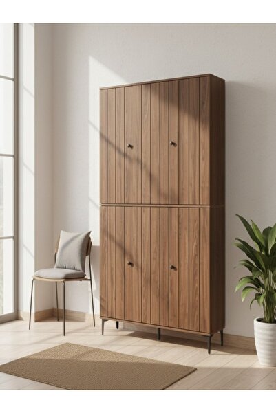 BEC33 A modern shoe organizer for entryways with a large capacity and a striped wooden design.