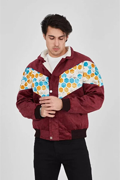 Kanonik Education    Men's Lined Vintage Jacket with Plush Inside Collar and White Stripes - Plum