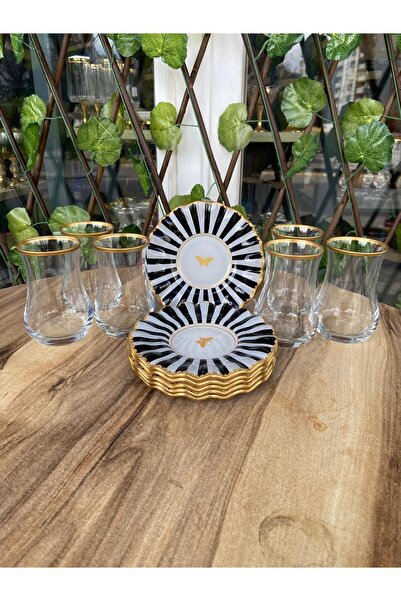 GÜRCÜGLASS Siyah Beyaz Kelebek Model 12 PRÇ Çay Seti.