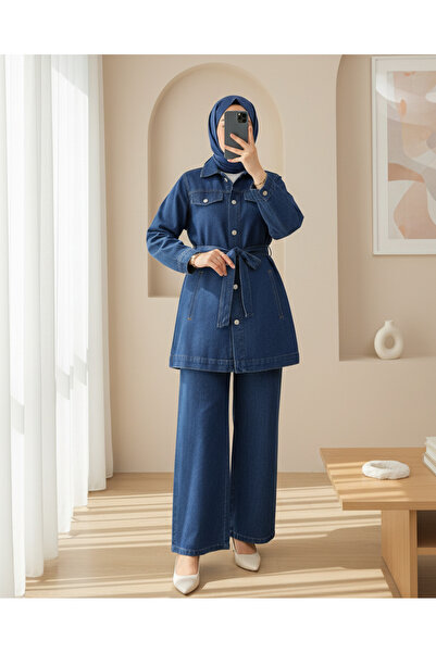 Modamorfo Buttoned Waist Belted Pocketed Denim Two-Piece Set -Indigo