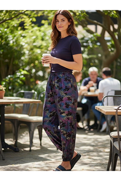 E-Giyimbank Plus Size Loose Fit Women's Pants – Elastic Waist, Patterned, Comfortable & Casual Wear