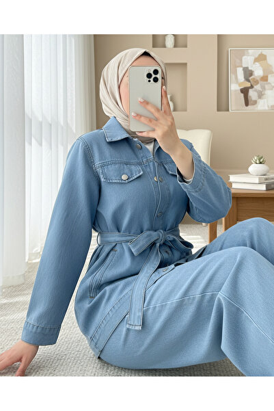 Modamorfo Buttoned Waist Belted Pocketed Jeans Two-Piece Set - Light Blue