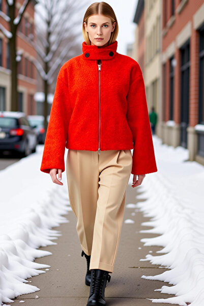 BENERLY سترة نسائية ياقة مرتفعة متوسطة الطول ذات أكمام منخفضة وسحاب، سترة رفي...