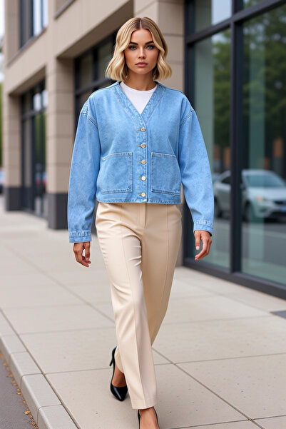 BENERLY Women's V-Neck Low Arm Long Sleeve Oversized Mold 100% Cotton Denim J...