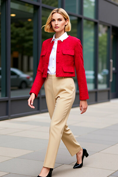 BENERLY Women's Jacket Collar Standard Sleeve Crop Tweed Woven Mold Functiona...