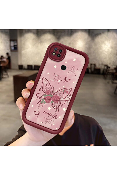 ucuc Xiaomi Redmi 9C Uyumlu Gül Kelebek Desenli Bordo Silikon Darbeye Dayanık...