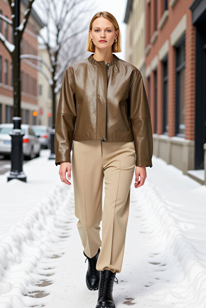 BENERLY Women's Judge Collar Low Arm Long Sleeve Regular Fit Faux Leather Sli...