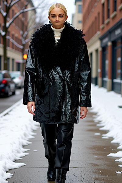 BENERLY Women's Faux Leather Jacket Collar Low Arm Long Sleeve Functional Dur...