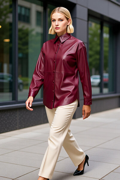 BENERLY Women Shirt Collar Regular Fit Long Sleeve Woven Faux Leather Jacket ...