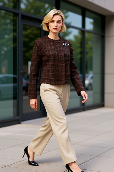 BENERLY Kadın Bisiklet Yaka Standart Kol Düz Desen Dokuma Tüvit Ceket Fonksiy...