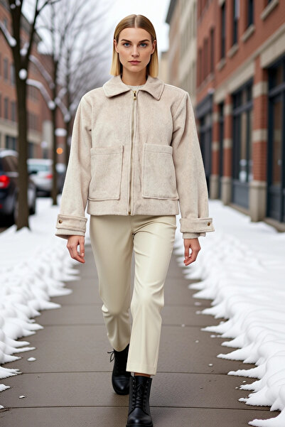 BENERLY Women Shirt Collar Standard Sleeve Zippered Cashmere Thin Coat Functi...