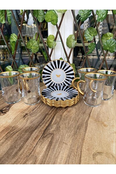 GÜRCÜGLASS Black and White Butterfly Model 12 Prç Tea Set with Handles.