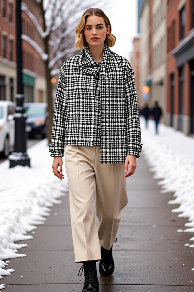 BENERLY Women's Crew Neck Standard Sleeve Plaid Cashmere Coat Functional Dura...