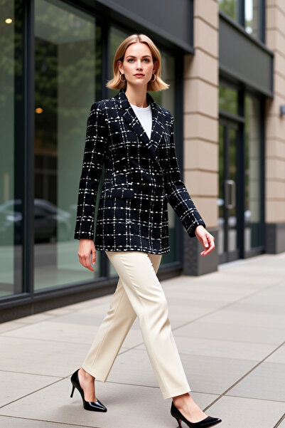 BENERLY Women's Tweed Jacket Collar Long Sleeve Regular Fit Functional Durabl...