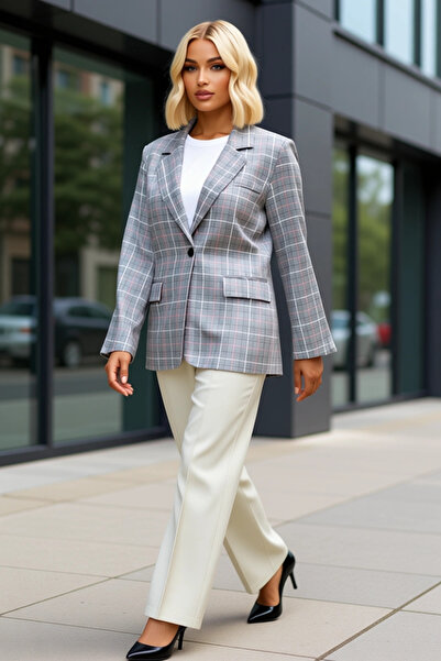 BENERLY Women's Plaid Patterned Regular Fit Jacket Collar Woven Jacket Functi...