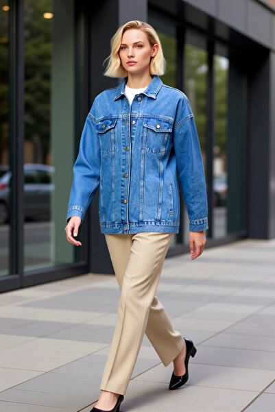 BENERLY Women's Oversized Shirt Collar Low Arm Long Sleeve Denim Jacket %100 ...