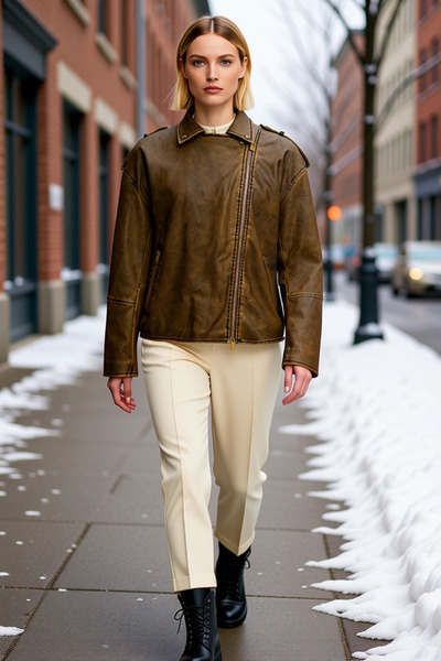 BENERLY Women's Oversized Shirt Collar Low Sleeve Faux Leather Slim Jacket Fu...