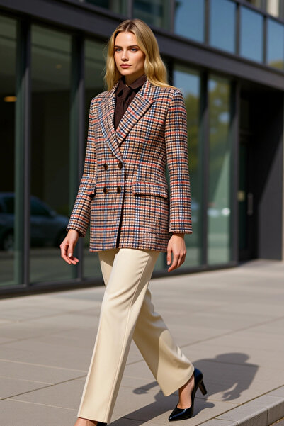 BENERLY Kadın Ceket Yaka Uzun Kol Standart Kalıp Dokuma Ekose Desenli Blazer ...