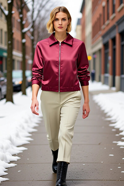 BENERLY Women's Regular Bomber Jacket Shirt Collar Standard Sleeve Satin Fabr...