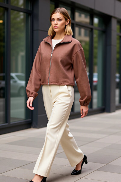 BENERLY Women's Mock Neck Zippered Plain Knitted Suede Crop Jacket Functional...