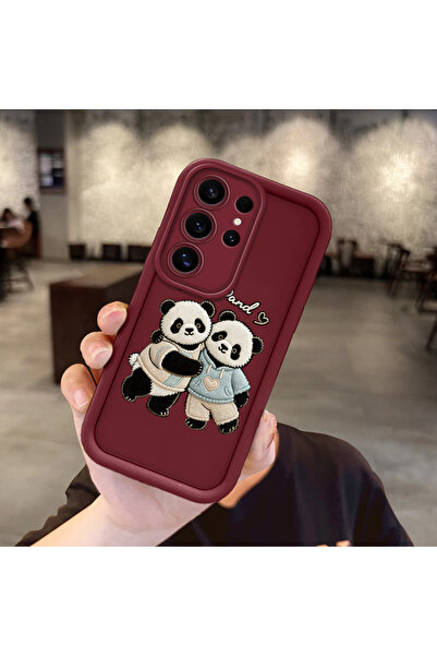 ucuc Samsung Galaxy S24 Ultra Uyumlu Esnek Silikon Koruma Bordo Renk Panda Kılıf