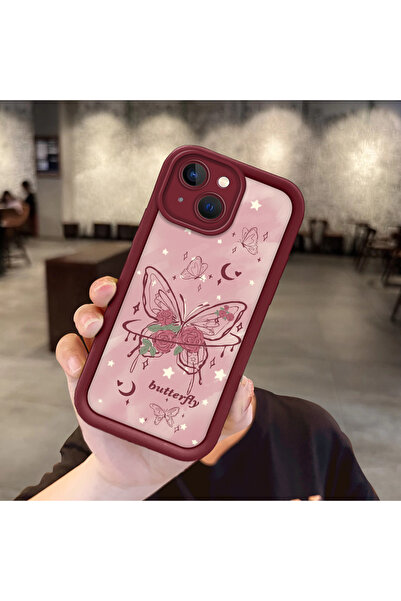 ucuc حافظة مقاومة للصدمات من السيليكون باللون العنابي بنمط الفراشة الوردية ال...