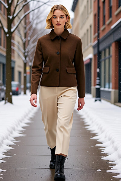 BENERLY Women Shirt Collar Long Sleeve Plain Pattern Suede Jacket Functional ...