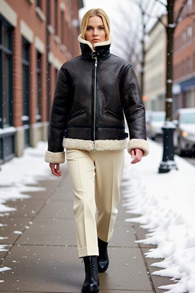 BENERLY Women Shirt Collar Standard Sleeve Faux Leather Regular Fit Biker Coa...