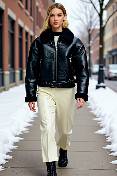 BENERLY Women Shirt Collar Long Sleeve Faux Leather Biker Jacket Thick Fit Fu...