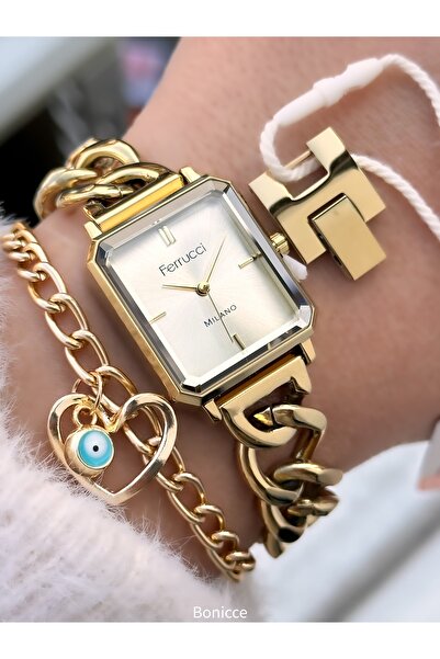 Ferrucci ساعة يد نسائية + سوار من الفولاذ الأصفر اللون في علبة أنيقة، موديل س...