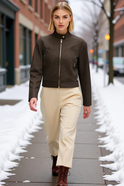 BENERLY Women's Judge Collar Standard Sleeve Fitted Fit Faux Leather Slim Jac...