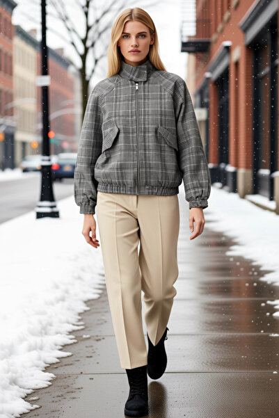 BENERLY Women Shirt Collar Standard Sleeve Plaid Pattern Bomber Jacket Functi...