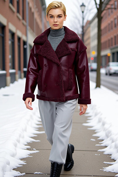 BENERLY Women's Jacket Collar Low Sleeve Thick Faux Leather Biker Coat Functi...