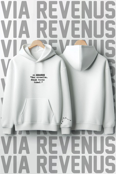 Vordevia Unisex Aquarius Printed Oversized 100% Cotton Hooded Sweatshirt - Vr Astrology Series